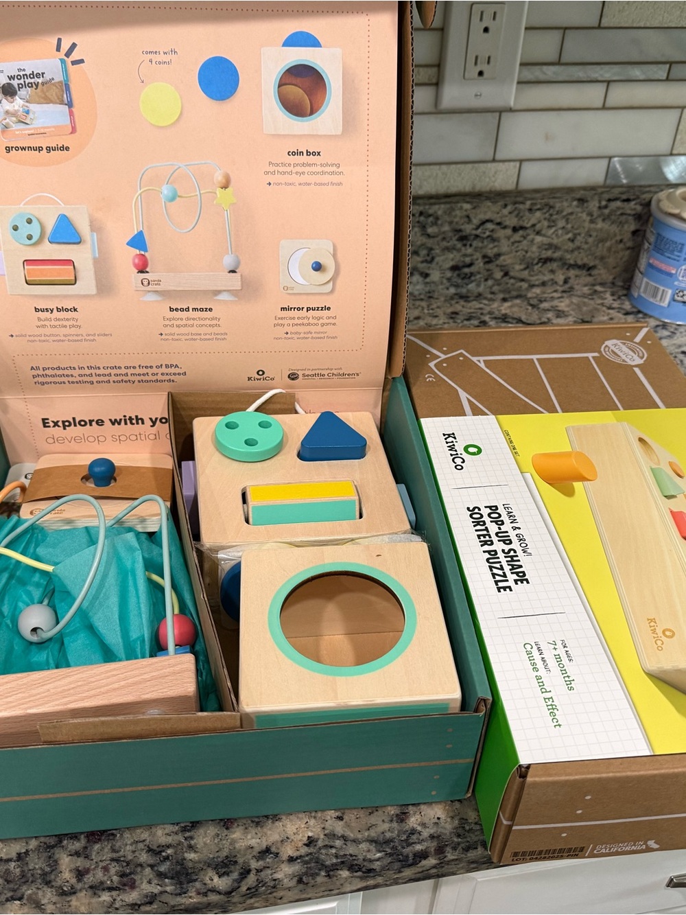 KiwiCo Wooden Shape Sorter Activity Set - Teal, Yellow, Blue, Natural